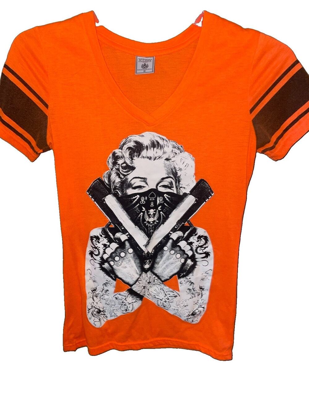 Ladies t-shirt Marilyn Monroe Gangster design guns tattoo women's size S Orange